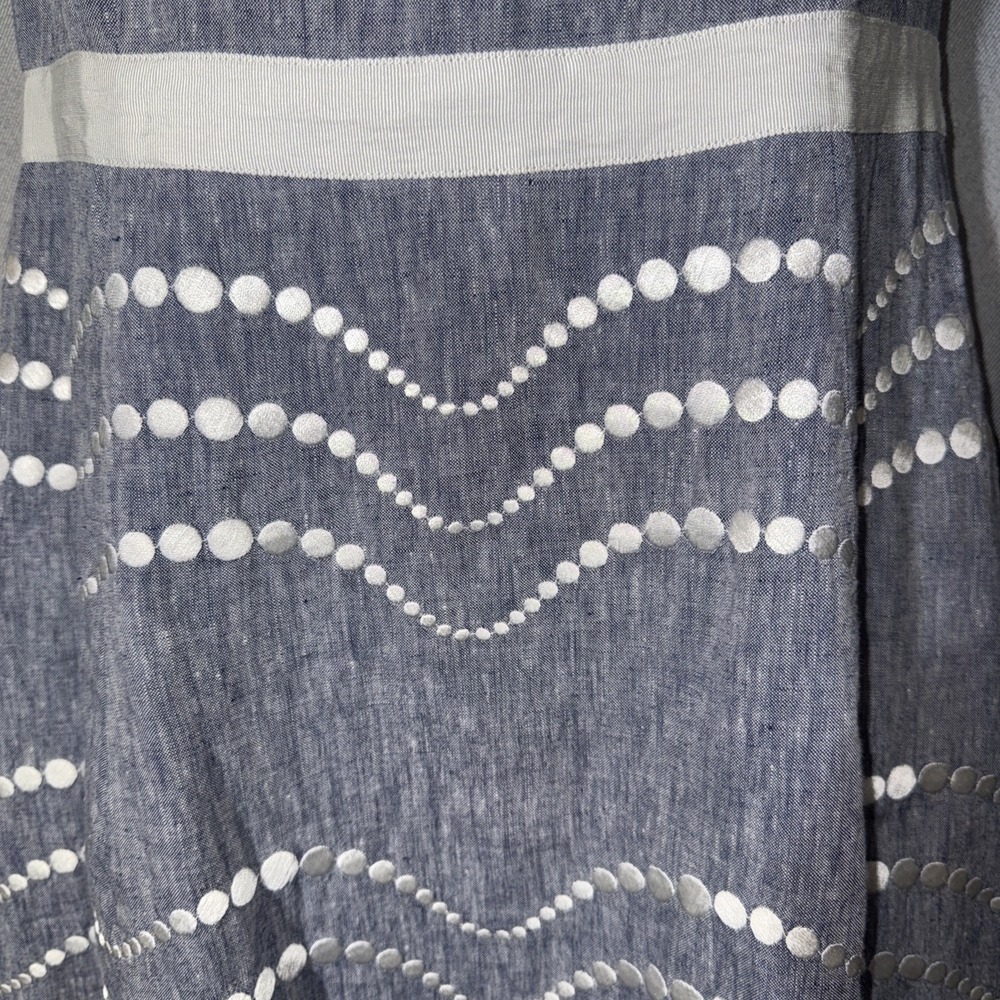 Boden Summer Fun Linen Chambray Dress Blue White Embroidered Wavy Dot US 8L - Picture 2 of 4